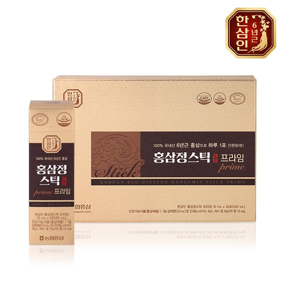 [NH NongHyup Hansamin] Red Ginseng Stick Prime 10ml × 32 Pouches – Premium Stick with 100% Korean 6-Year-Old Red Ginseng Extract for Convenient Immune Support and Vitality _ Made In Korea